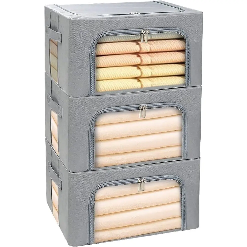 22L Collapsible Clothes Storage Boxes with Zippered Lid - 3-Pack Gray Home Supplies Organizers, Sturdy Handles, Metal Frame, Transparent Window, Label Holder for Clothing, Bedding, Closet Shelves
