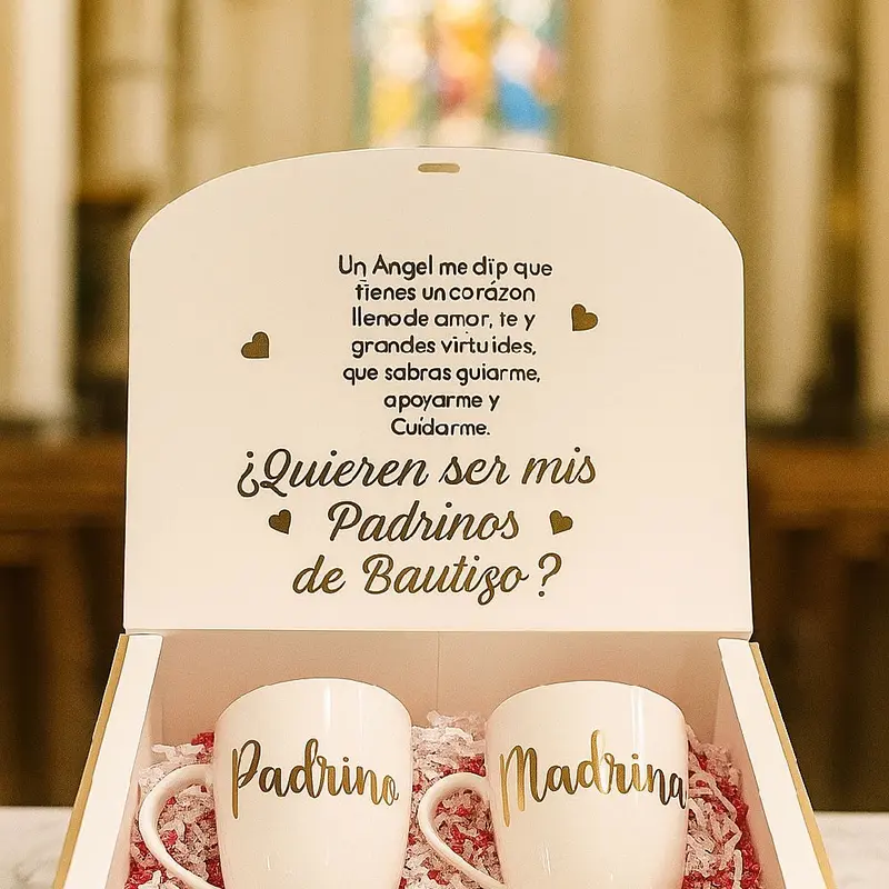 Personalizable Padrinos Themed Baby Baptism Customized Gift Box - Classy Gift Box with Elegant Gold Ribbon, "Tengo Algo Importante Que Preguntarles" Design, 2 Personalized Mugs with Message Lids, Elegant Gold Lettering, Meaningful Gifting Bundle