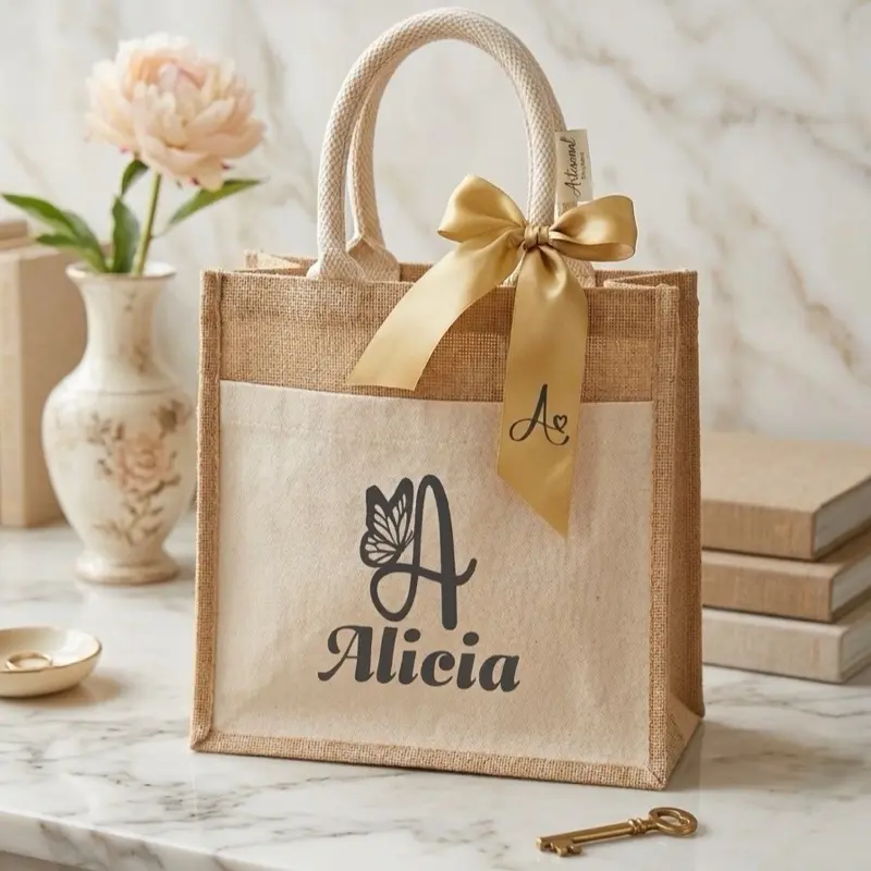 Tote Bag de Yute Elegante con Nombre Personalizado • Regalo Ideal y Moderno.