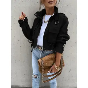 Jacket Women Fashion Zipper Motorcycle Short Jackets Autumn Winter Casual Vintage Long Sleeved Drawstring Streetwear Coat Female