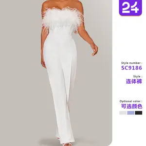 2025 cross-border spring and summer new European and American women's clothing feather tube top solid color pants one shoulder backless sexy jumpsuit