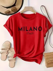 【Plus Size】Women's Plus Size Letter-Print Crewneck Top, Casual Short-Sleeve Womenswear T-Shirt for Summer Daily Wear
