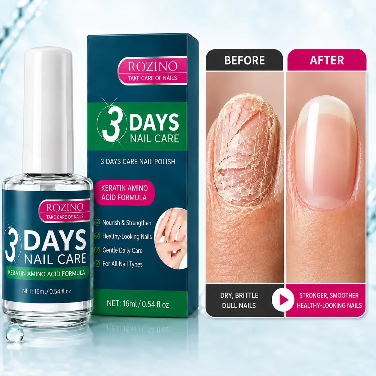 (3 Pack) ROZINO 3 Days Nail Care Treatment , Keratin Amino Acid Nail Strengthener, Hydrating Nail Repair for Weak & Dry Nails, Boost Natural Healthy Nail Texture, 16ml Each
