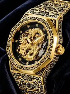 Gold Dragon Carved Mechanical Watch, Stainless Steel Case, Analog Display, Automatic Movement, Durable Design, Stainless Steel Wristwatch