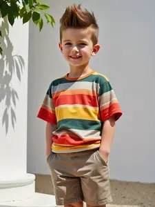 Boys' Fashion Set Summer Short Sleeve T-Shirt Striped Top Boys' Outdoor Gym Shorts Set 2-Piece Suit Casual Set Suitable for Daily Wear