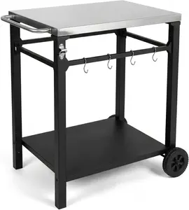 2-Tier Outdoor Grill Cart with Stainless Steel Top, Large Wheels & Tool Hooks, Movable BBQ Prep Table, Rolling Serving Bar Cart for Patio, Backyard, Pizza Oven Stand, Black