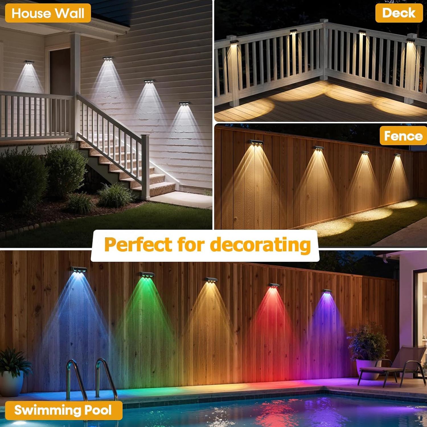 RGB Solar Wall Fence Lights,Synchronously Change Color,Solar Step Lights,Bright Wall Lights,Outdoor Waterproof,Solar Powered Patiio Decor for Wall, Rain,Porch,Backyard,Gaeden.Perfect for holiday decorations fallfreshness