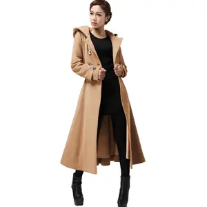 Women's Fashion Long Double-Breasted Hooded Woolen Coat - Longsleeves Fitted Minimalist Style Clothes, Belted Winter Casual Outerwear