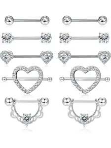Exquisite 10 Pcs Silvery Sweet Piercing Jewelry Set Stainless Steel Nipple Rings for Women Men Tongue Ring CZ Barbell Heart Shape Rings Navel Piercing Jewelry Body Piercing Jewelry Set