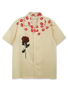 Floral Print Shirt for Valentine's Day, Rose Pattern and Lip Print, Classic Casual Fitted Shirt Top for Men, Casual Fashion Top, Perfect for Beach Holidays