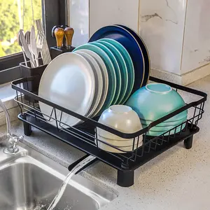 [New Deal] Dish Drying Rack for Kitchen Counter,Space-Saving Dish Rack with Drainboard,Rustproof Countertop Dish Drainer with Utensil Holder for Sink,Black