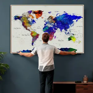 World Map Wall Art Canvas Print, Modern Decorative Framed Map Artwork Prints for Living Room, Office, Bedroom Wall Decor