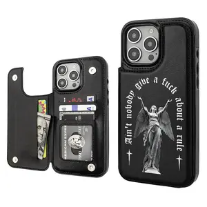 Rebellious Slogan Angel Aesthetics Pattern Phone Cases Compatible For With iphone 16 15 14 13 12 PRO PLUS MAX PU Black Durable Flip High quality Leather Credit Card Bag Holder Mother Gift Wallet Shockproof Anti-Drop Full Protection Phone Cases Shell Cover