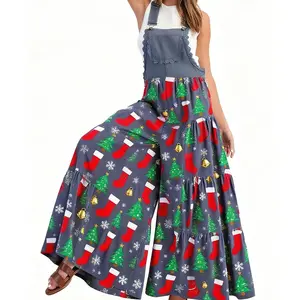 2026 Christmas Jumpsuits for Women Xmas Santa Claus Printed Fashion Lace Trim Bibs Baggy Wide Leg Pants Overalls Rompers