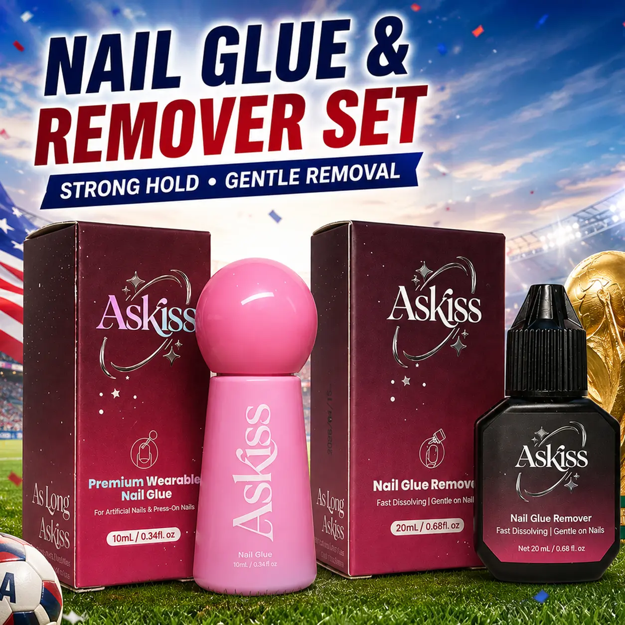 ASKISS Nail Glue (10ml) & Remover (20ml) Set - Strong Hold Adhesive No UV Lamp for Press-on Acrylic Tips & Fake Nails, 5s Quick Dry, Professional DIY Manicure Essentials Kit Set, Nail Supplies