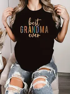 Best Grandma Ever Grandma Leopard Print Mothers Day T-Shirt Print T-Shirt Casual Crew Neck Short Sleeve Comfort Tee Top For Spring & Summer Women's Clothing