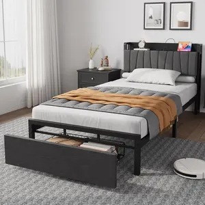 YJ-Garvee Twin Size Bed Frame,Ironwood Upholstered Bed,with Storage Headboard,1 Storage Drawer,Black