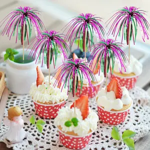 Creative Firework Shape Cocktail Picks, Shiny Metal Wire Cupcake Toppers, Fruit Decorative Sticks, 9 Inch Birthday Cake Decoration