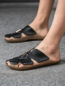 Men's Summer Handmade Leather Sandals, Breathable Business Roman Slippers, Youth Casual Beach Shoes, Half-Open Toe Flip Flops, Fashionable Breathable Sandals