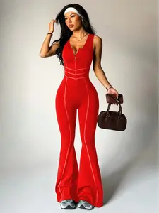 Women's Seamless Fashion Hollow Out Zipper Backless Sporty Micro Flare Jumpsuit, High Elastic Waist Workout Long Pants, Fitness Activewear