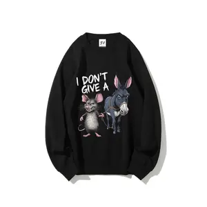 Funny "I Don't Care" Mouse and Donkey Graphic T-Shirt - 300g Cotton Vintage Loose Long Sleeve Crew Neck Casual Sweatshirt, Machine Washable Humor Design