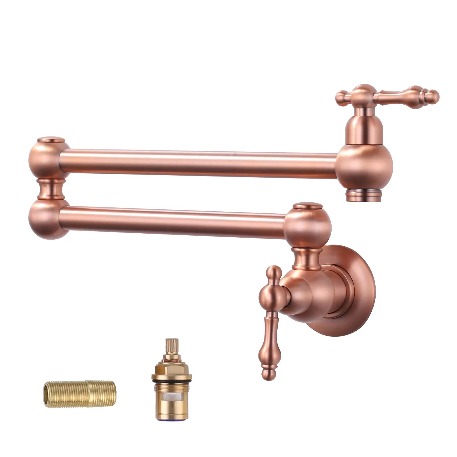 WOWOW Solid Brass Wall-Mount Folding Kitchen Sink Pot Filler Faucet, Vintage Victorian Double Handle Tap with Double-Joint Swing Arm, Double Handle Faucet