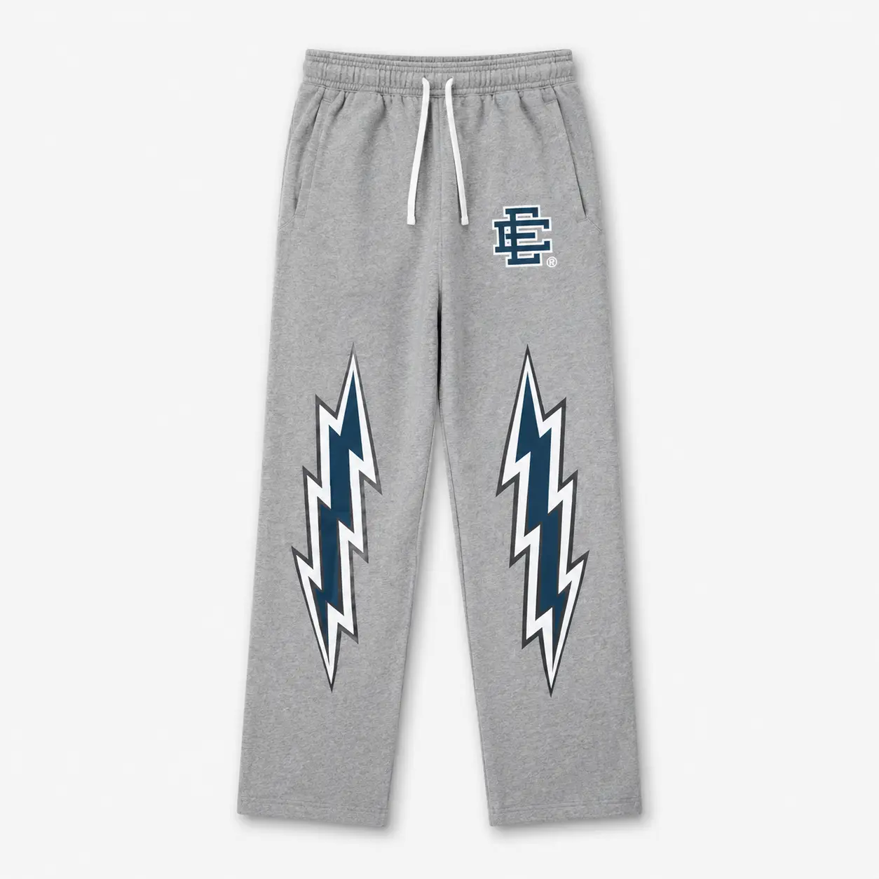 Eric Emanuel Men’s Navy Bolt Sweatpants, Graphic Straight Leg Streetwear Pants, Relaxed Athletic Joggers with Elastic Waist