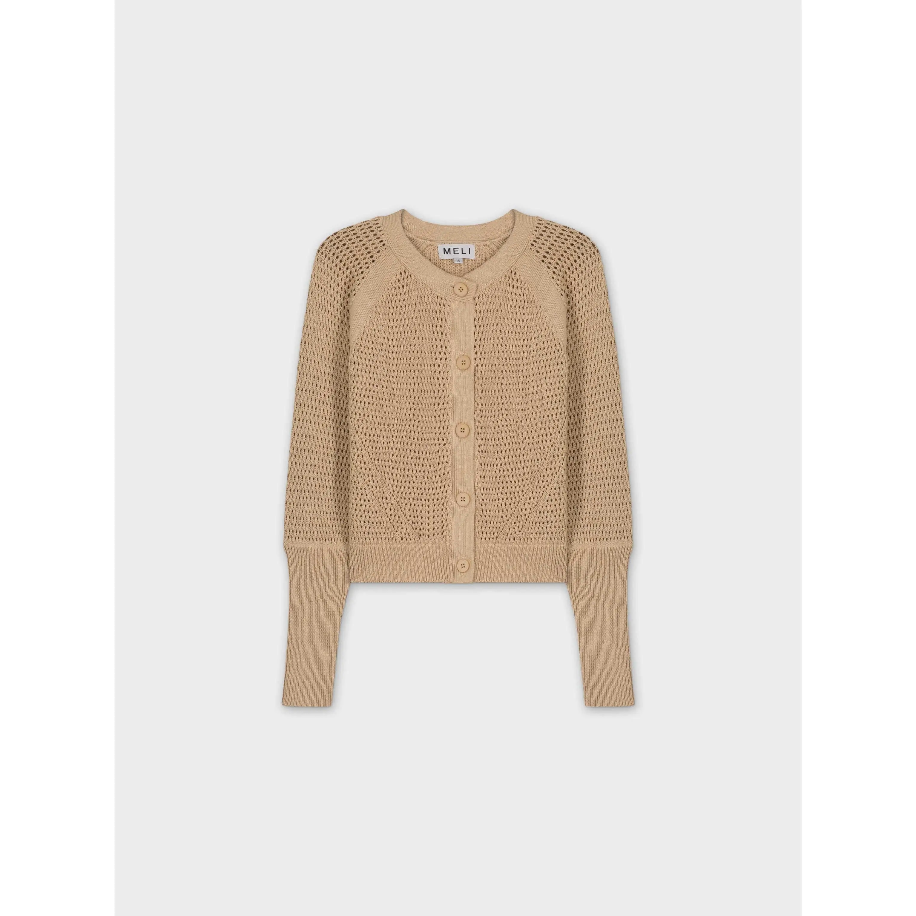 CROCHET CREW CARDIGAN-TAN