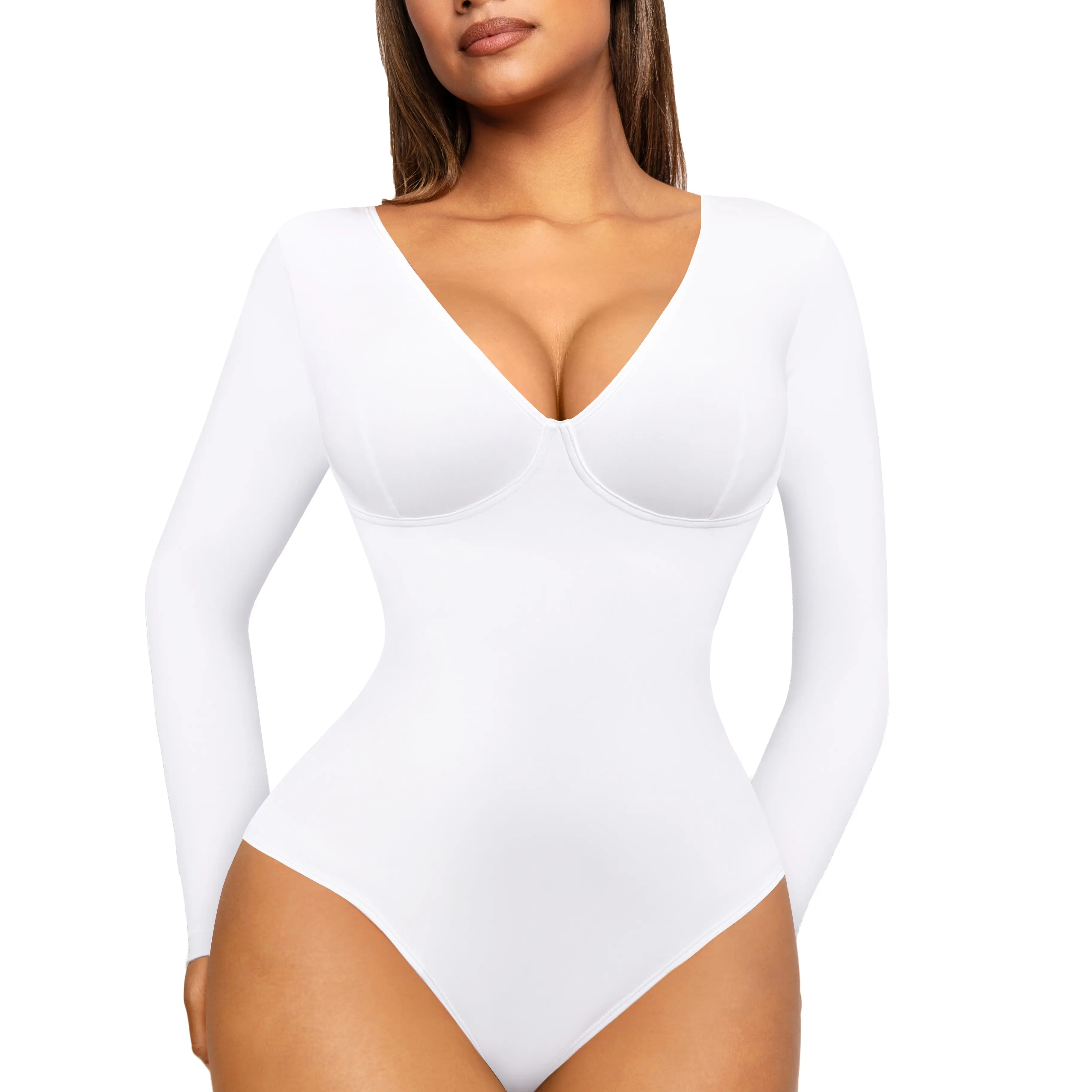 Long Sleeves Deep-V Neck White