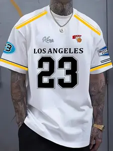Men's Los Angeles Basketball Jersey, Casual Sports Slim Fit 3D Printed Round Neck T-Shirt, Elastic Fabric, Summer Sports Wear, with and Accents