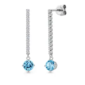 14K White Gold Swiss Blue Topaz and White Lab Grown Diamond Long Liner Dangle Earrings for Women | 1.66 Cttw | Gemstone November Birthstone | Round 5MM | White Gold Chain Drop Earrings