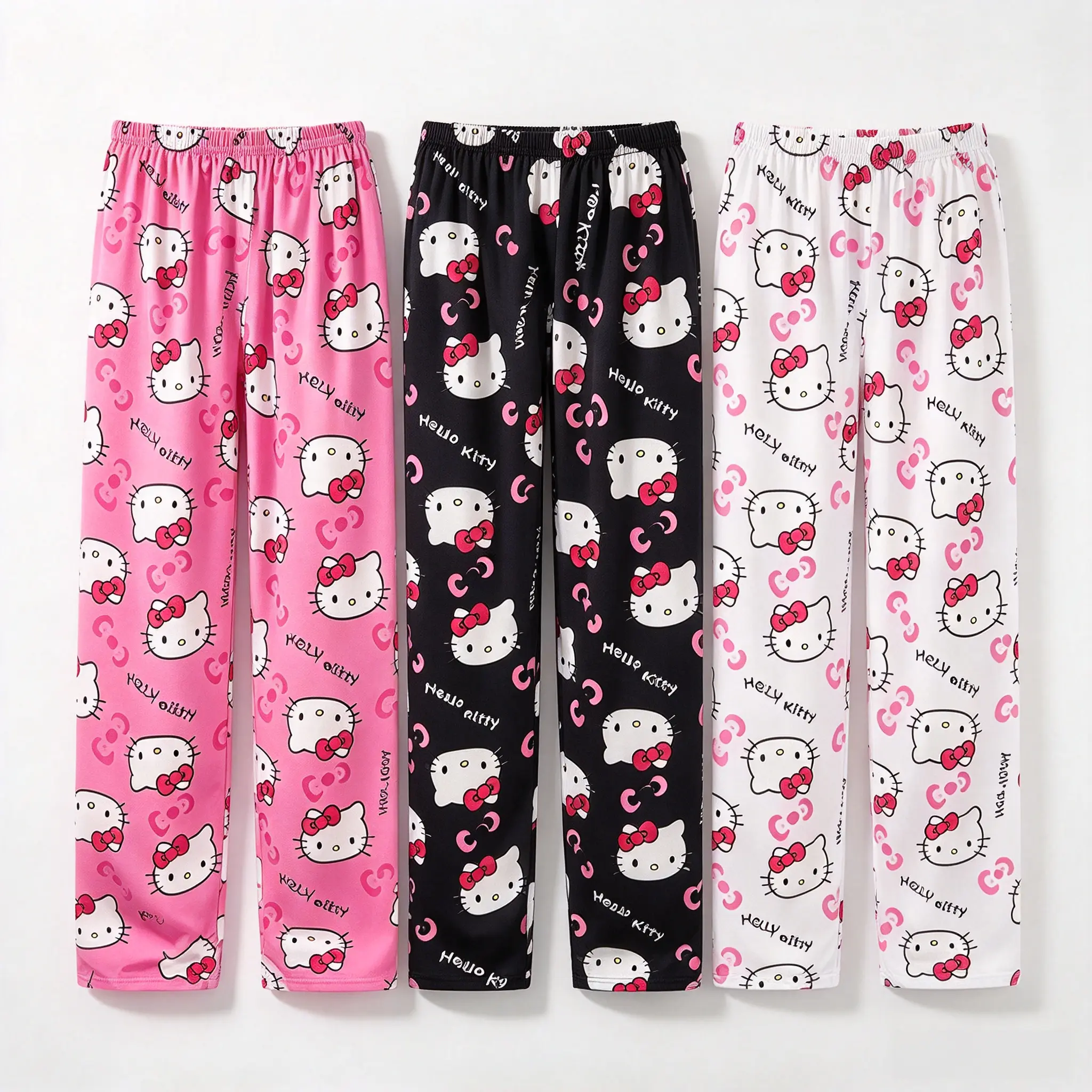Hello Kitty Allover Print Wide Leg Pajama Pants for Women, 3 Colors Available, Cute Heart Pattern Elastic Waist Sleep Trousers, Soft Casual Loungewear Pants