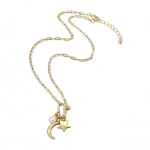 Celestial Dream Triple Charm Necklace - Star, Moon & Pearl | Dainty Gold Tone Jewelry | Skin-Safe & Lead-Free | Aesthetic Gift for Her