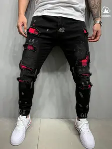 Men's Denim Jeans Ripped Tight Fit Ink Print Casual Elastic Skinny Pants, Vintage Light Blue Washed Look, All Seasons Streetwear