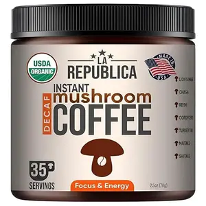 La Republica DECAF Organic Mushroom Coffee (35 Servings) with 7 Superfood Shrooms, Great Tasting Instant Mix Includes Lion's Mane, Reishi, Chaga, Cordyceps, Shiitake, Maitake, and Turkey Tail (Decaffeinated) Beverage
