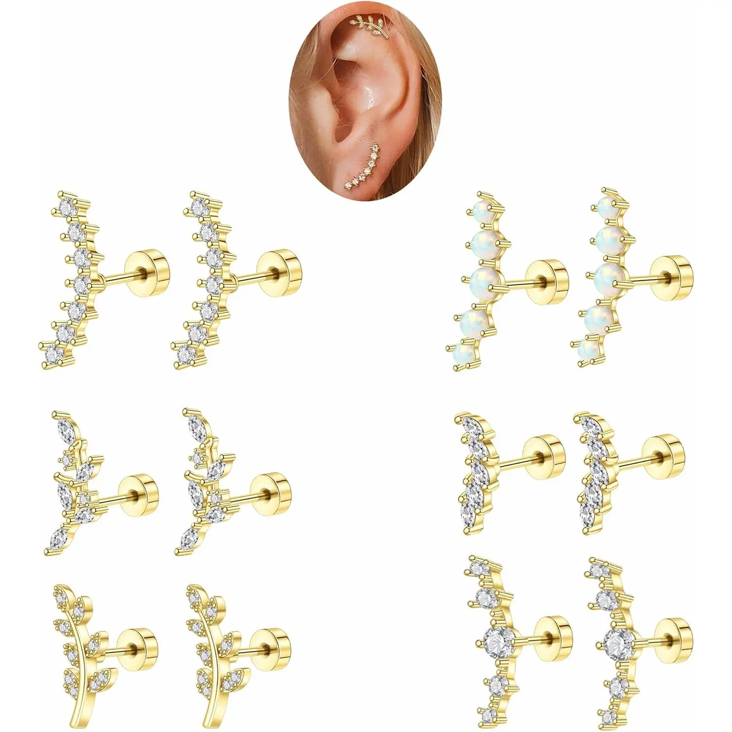 6-Piece Gold Stud Earrings Set – Hypoallergenic Flat Back Opal CZ Leaf Cartilage Jewelry, Ear Studs, Earring Stack, Gold Piercing Jewelry, Thanksgiving, Gift Idea, Waterproof, Unisex