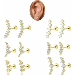 6 Cartilage Earrings Helix Piercing Jewelry for Women Gold Silver Hypoallergenic Surgical Steel Flat Back Opal CZ Dainty Tragus Conch Piercing