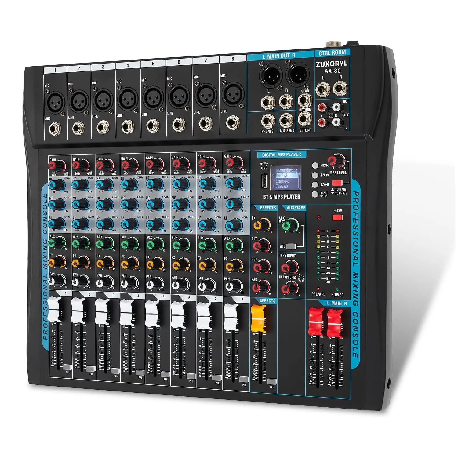 8-Channel Professional Audio Mixer Sound Board with USB, Smartphone Bluetooth, 48V Phantom Power, 16-DSP Effects for Live Streaming, Podcast Recording