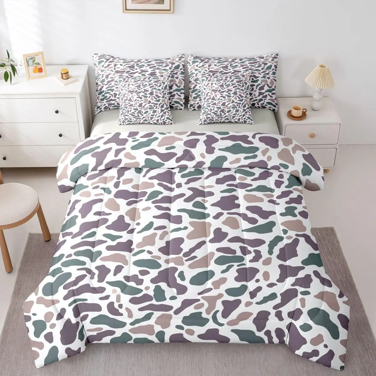 Camo Comforter Set with Sheets 7 Piece Green Brown Camouflage Bedding Set Wild Hunting Bed in a Bag Farmhouse Cabin Rustic Room Decor Animal Soft Lightweight