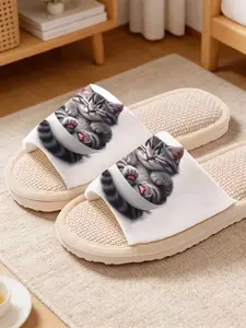 Cute Tiger Stripe Cat Slippers, Breathable Waffle Linen, Soft Sole for Men and Women, All-Season Home Footwear, Retro Style