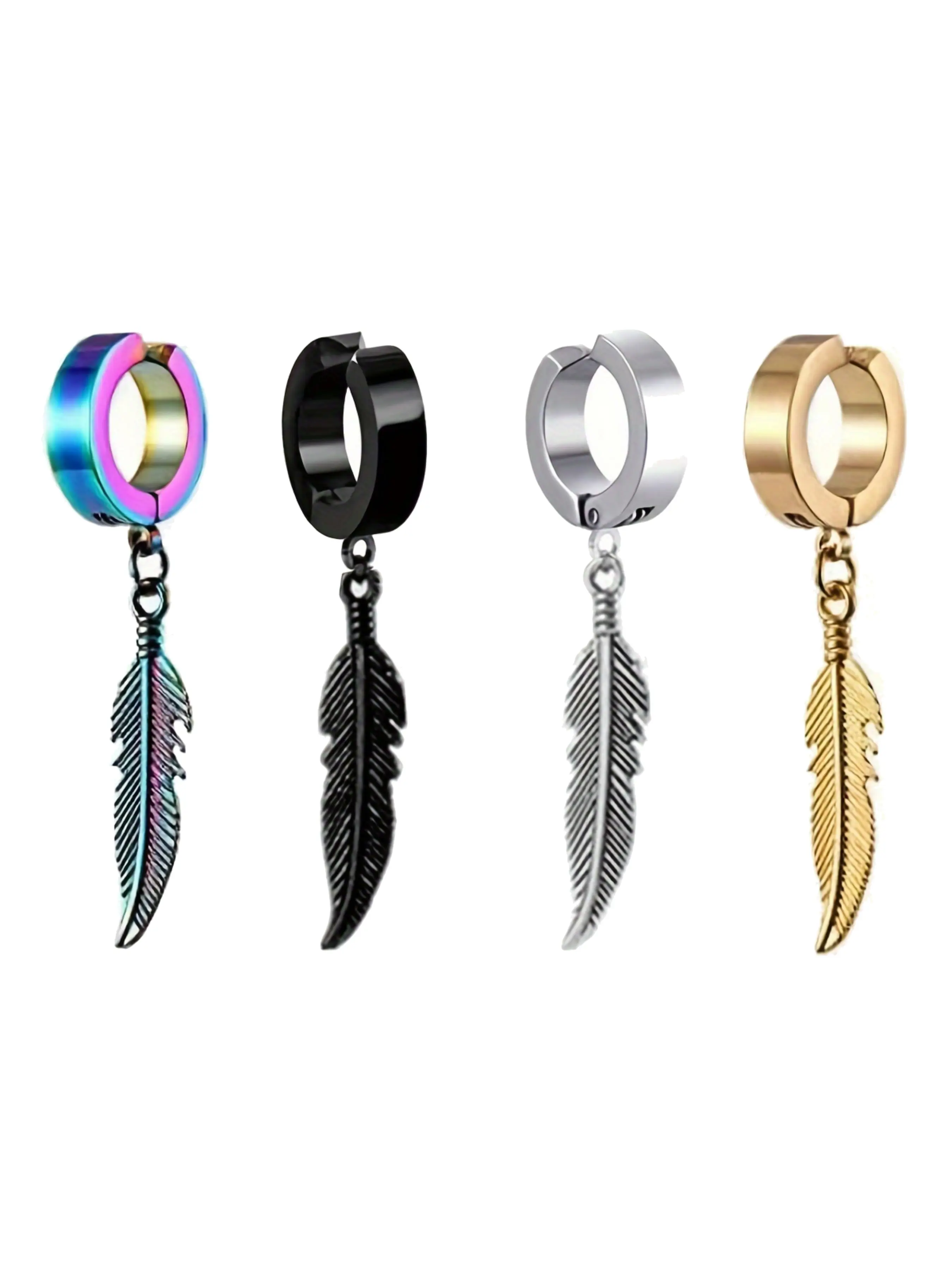 Men's Ear Clips Set, 4pcs Stainless Steel Ear Jewelry, Creative Feather Design, Hip Hop Style, Perfect Gift for Him