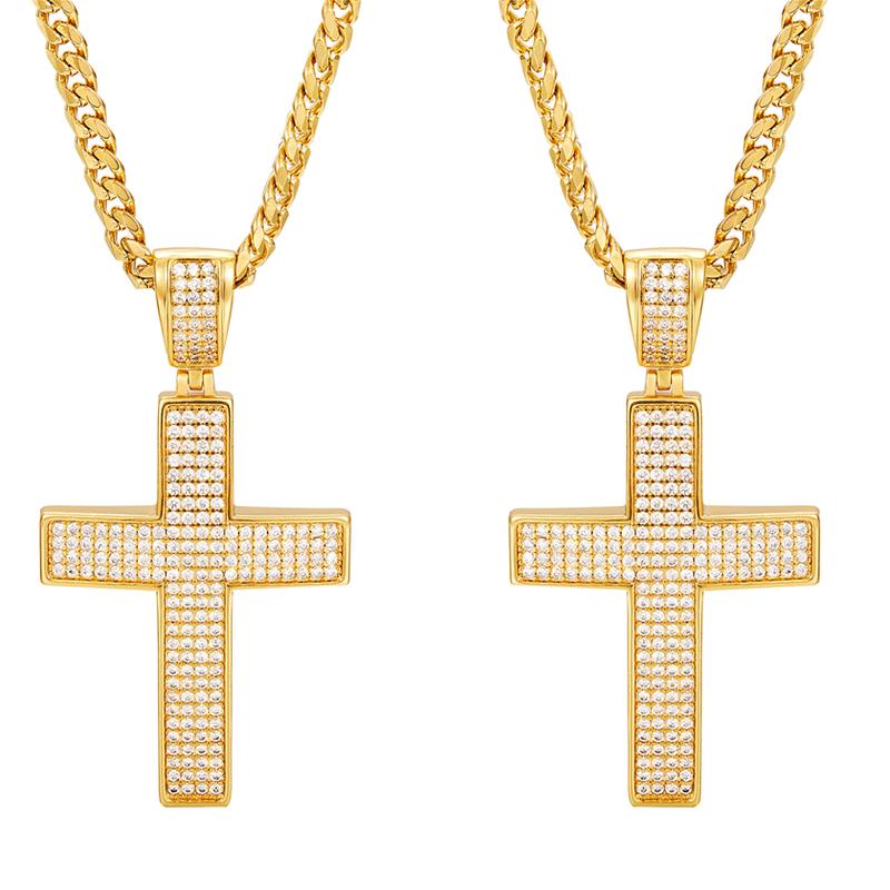 Cross-Shaped Sparkling Copper Pendant with Zirconia Gold Necklace on 61cm Stainless Steel Chain Hip Hop Fashion Jewelry