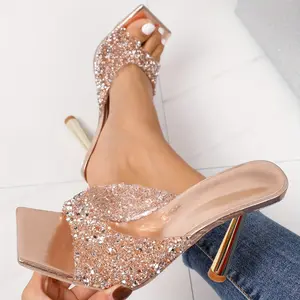 [Fashion Rhinestone High Heels] Fashion Rhinestone High Heels - Women's Thin Square Open Toe Slip On Stiletto Sandals - Stylish Banquet Party Shoes