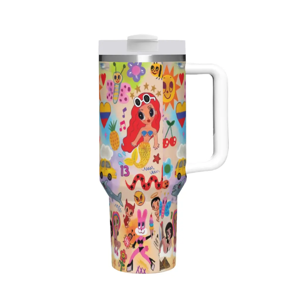 La Bichota Inspired #2 Tropical Tour 2026 20oz/30oz/40oz Stainless Steel Tumbler with Handle – Double Wall Vacuum Insulated Travel Mug, Latin Pop Aesthetic Fan Gift, Retro Tropical Drinkware