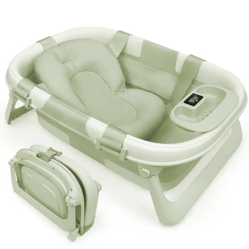 Jool Baby Fold ‘n Store Baby Bathtub – 3 Stage Collapsible Bather for Easy Storage, Portable for Travel – Built-in Thermometer