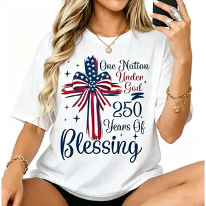 One Nation Under God Bless American Flag Cross Women Tee |   USA Independence Day Patriotic T-Shirt
