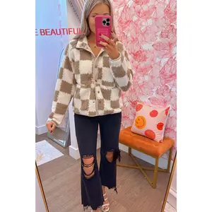 Checkered Sherpa Button Up Jacket- Brown/White