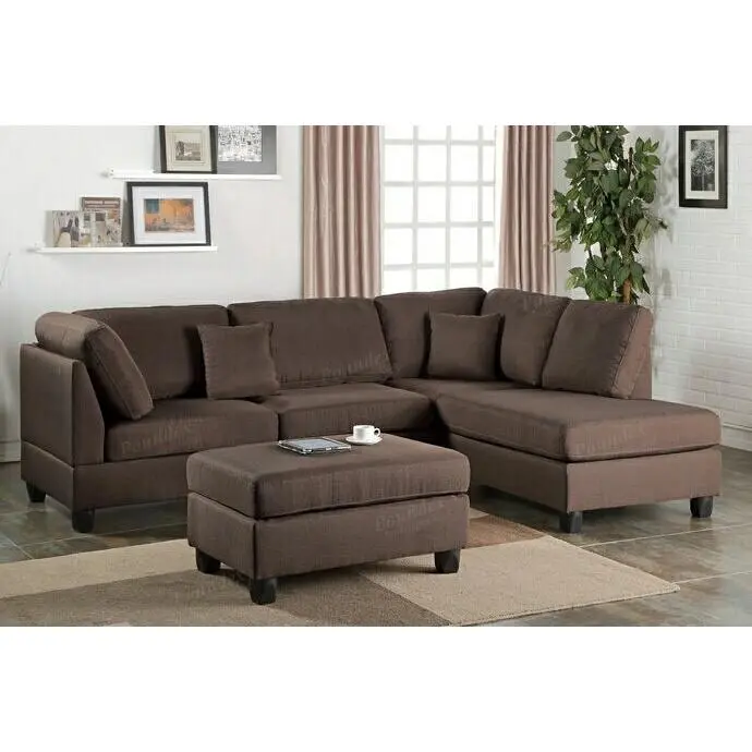 Poundex F7608 Ivy Bronx Vita Martinique 3-Piece Chocolate Polyfiber Fabric Sectional Sofa - Reversible Chaise, Ottoman, Comfy Throw Pillows - Modern Indoor Living Room Seating Furniture