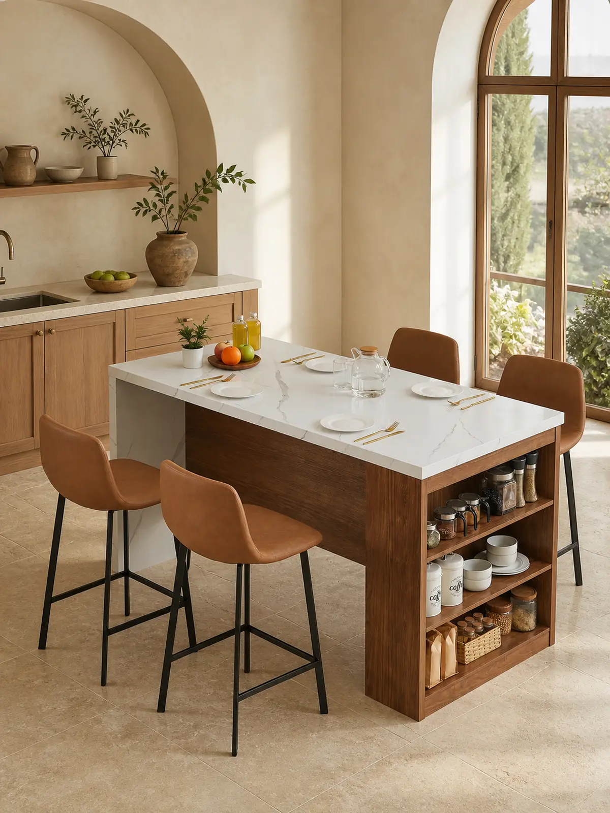 【SummerFinds】ONBRILL 61"x31" Large Wood Top Kitchen Island Table, Whole Board Tabletop with Storage Space, Power Outlet, LED Lights, Easy Setup Modern Imitation Marble Counter Height Dining Table for 4, For Four