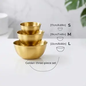 Gold-tone stainless steel bowl set (3 pieces), available in sizes S, M, and L. Stackable and versatile bowls suitable for kitchens, dining rooms, salads, and noodles.